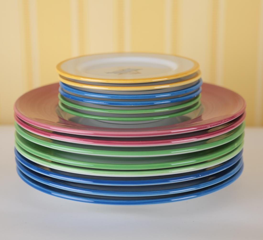 RALPH LAUREN 1997 VINEYARD PLATE SETS: Marked underneath. Dimensions: (Largest) Dia. 13.25” Condition: Couple small chips to base rims. Few small edge chips.