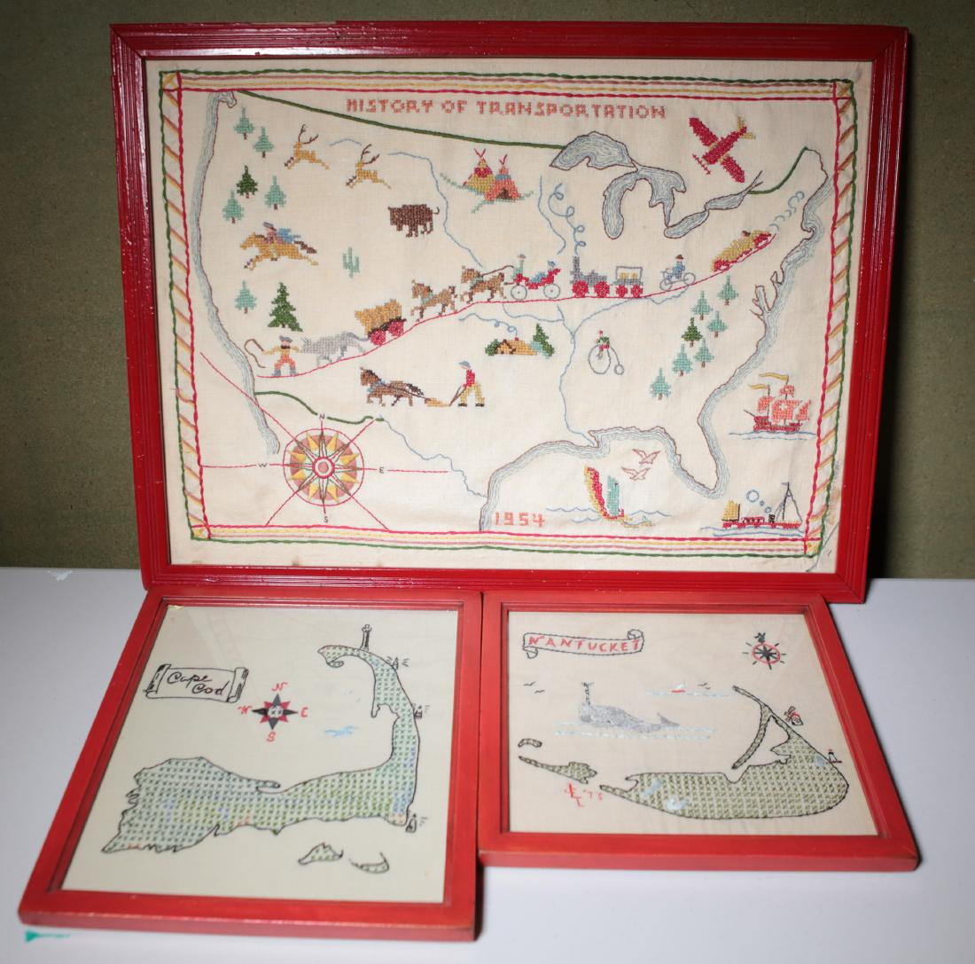 (3) 1950S EMBROIDERED SAMPLERS: Including Nantucket, Cape Cod, and transportation. Dimensions: (Largest) H 17.75" x W 23.5" Condition: Wear consistent with age.