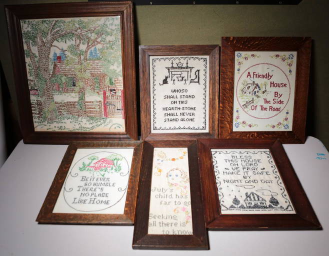 (6) Vintage Embroidered Samplers In Antique Frames