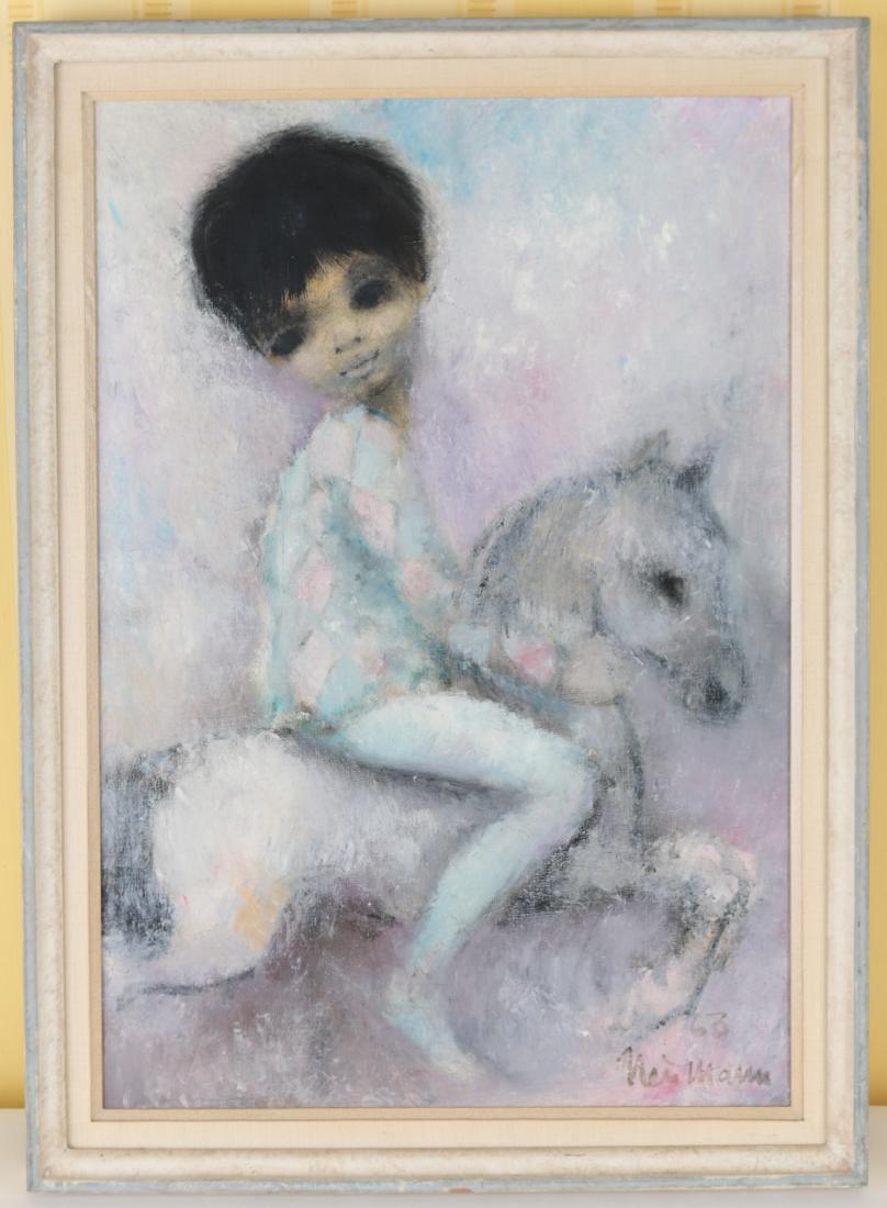 MID-CENTURY SIGNED FRENCH OIL ON CANVAS: Looks to be signed Nera Mann. Dated ’63. Child on horseback. In period frame. Dimensions: (Frame) H 24.5” x W 17.5”, (Canvas) H 22” x W 15” Condition: Couple chips to frame.