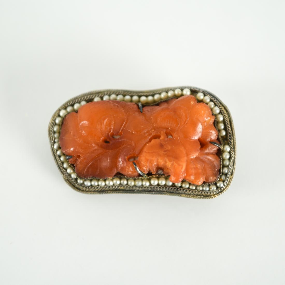 CHINESE CARVED AMBER, SILVER & SEED PEARL BROOCH (1 of 8)