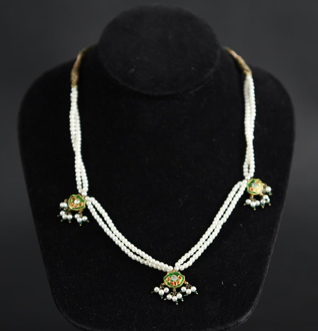 VINTAGE CHINESE PEARL & ENAMEL ON SILVER NECKLACE: Dimensions: L 19" (from fringe to tassel) Condition: Small losses to enameling.