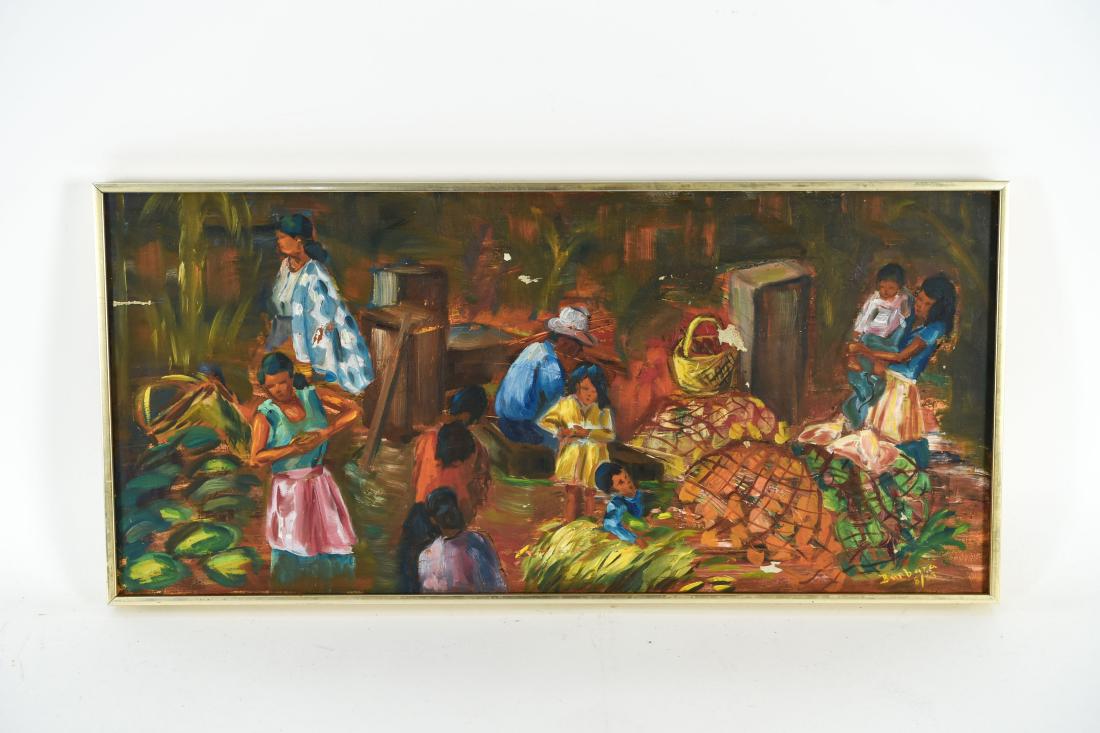 BARBARA BORCK-HART OIL ON CANVAS 1963: Tropical market. Signed Barbara and dated 8/63. Dimensions: (Frame) H 14.25" x W 30.25" (Canvas) H 14" x W 30" Condition: Paint loss.