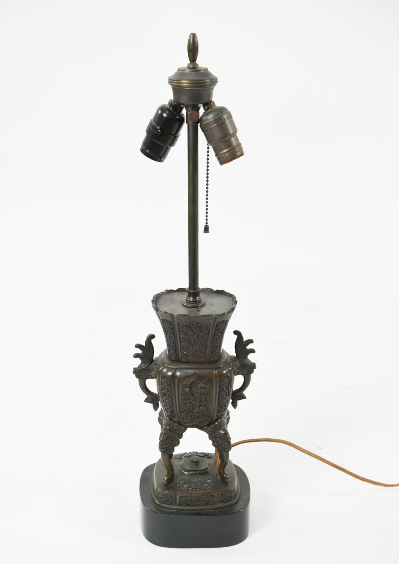 JAPANESE MEIJI BRONZE CENSER LAMP: Bronze, apparently unsigned. Mounted as a lamp, c. 1920's. Dimensions: (To socket) H 20" x W 5.75" x D 4.5" Condition: Needs rewiring.