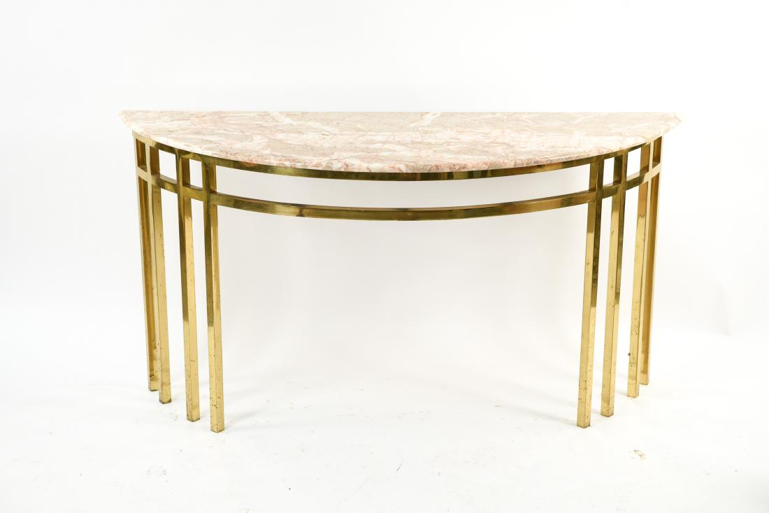 70'S BRASS & MARBLE TOP CONSOLE: Dimensions: H 30" x W 60" x D 22.5" Condition: Couple corner chips. Some finish wear and areas of pitting.
