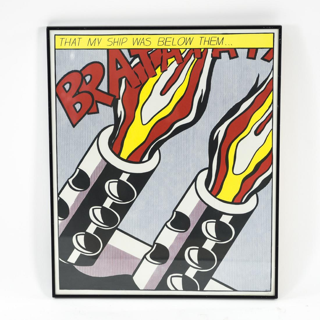AFTER LICHTENSTEIN POP ART PRINT: Dimensions: (Frame) H 25.25" x W 20.75", (Sight) H 24.5" x W 20.25" Condition: Chip to glass corner bottom right. Frame wear.