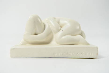 TOM OTTERNESS PLASTER SCULPTURE "SCORPIO" 1982: From "Zodiac Love" series. Cream painted cast plaster. Titled "Scorpio", dated 1982.Dimensions: H 3" x W 6" x D 3.5"Condition: Small surface rubs and nicks