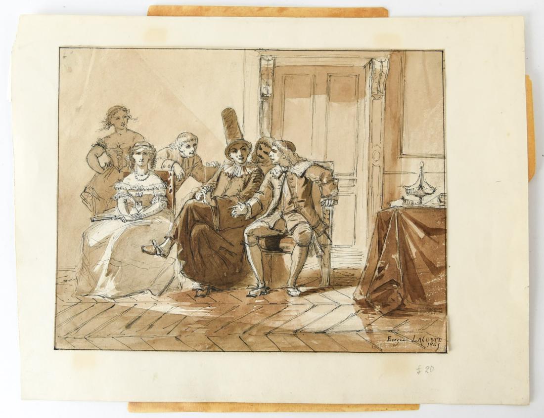 EUGENE LACOSTE PENCIL, BLACK INK, & SEPIA WASH: Signed, dated 1869 drawing. Figures in an interior. Dimensions: (Paper) H 8.75" x W 11.5" Condition: Tipped to backing. Stray handling marks.
