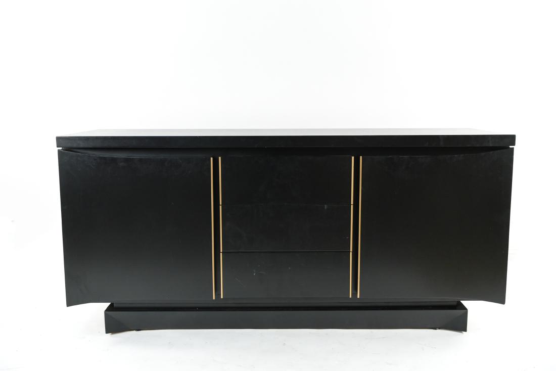 MID-CENTURY BLACK PAINTED SIDEBOARD: Dimensions: H 33.5" x W 72" x D 21.5" Condition: Few nicks and dings to edges. Minor wear consistent with age and use.