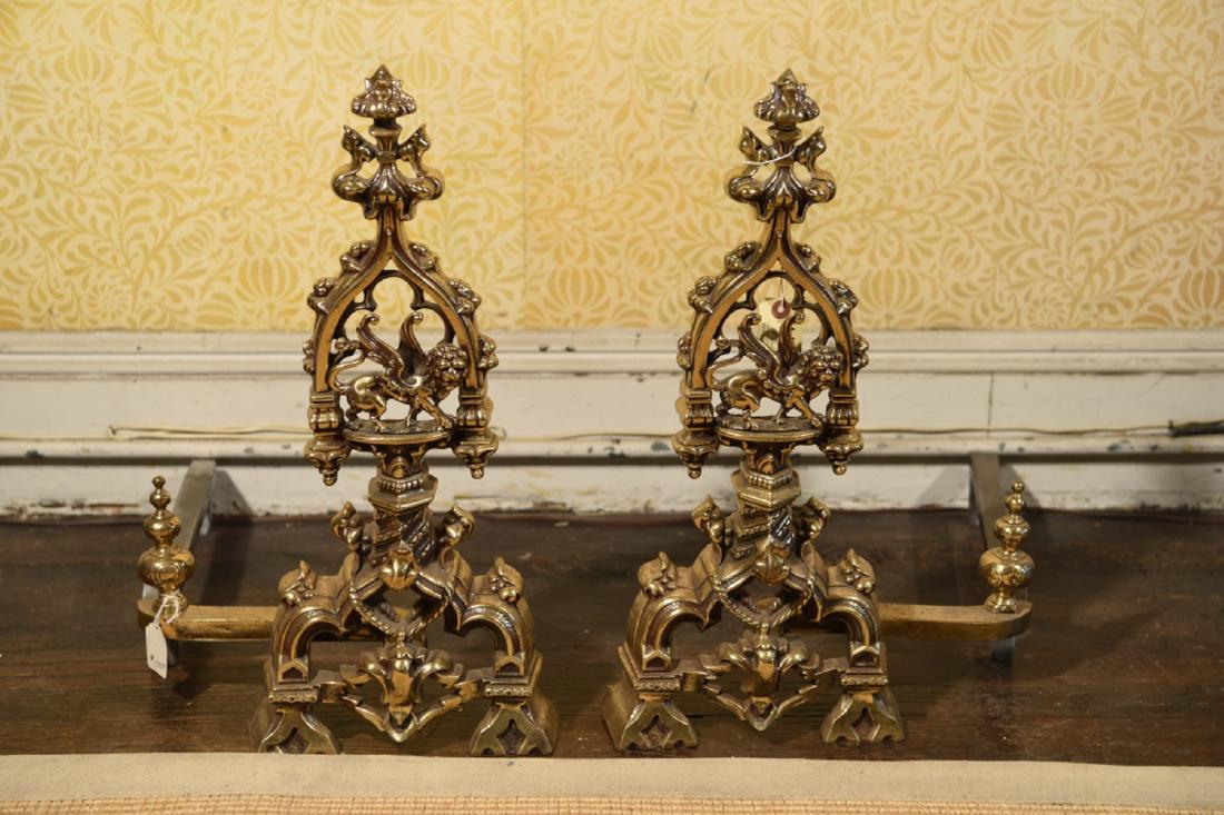 GOTHIC STYLE ANDIRONS: Dimensions: H 20" x W 13.5" x D 20" Condition: No issues to note.