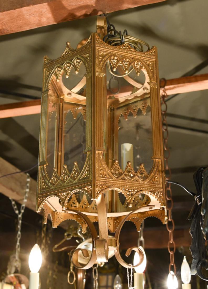 ANTIQUE OCTAGONAL LANTERN: Refinished, three-light. With Gothic details. Dimensions: H 19" x Dia. 10" Condition: No issues to note. Rewired.
