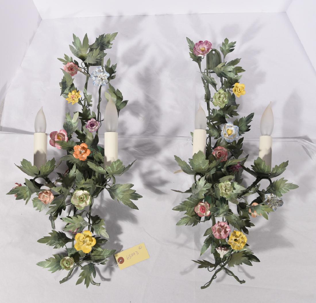 PAIR OF CONTEMPORARY TOLE PAINTED FLORAL SCONCES (1 of 5)