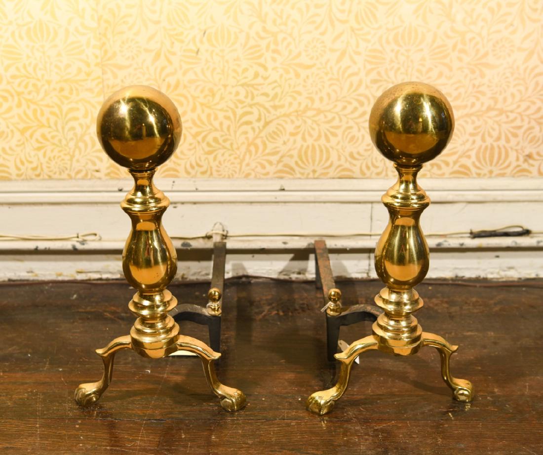 PAIR OF 18TH CENTURY STYLE ANDIRONS: Dimensions: H 16.25" x W 9.5" x D 16.5" Condition: Surface pitting.