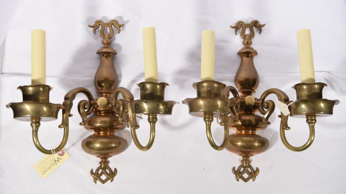 PAIR BRASS & COPPER EARLY 20TH C TWO LIGHT SCONCES (1 of 7)