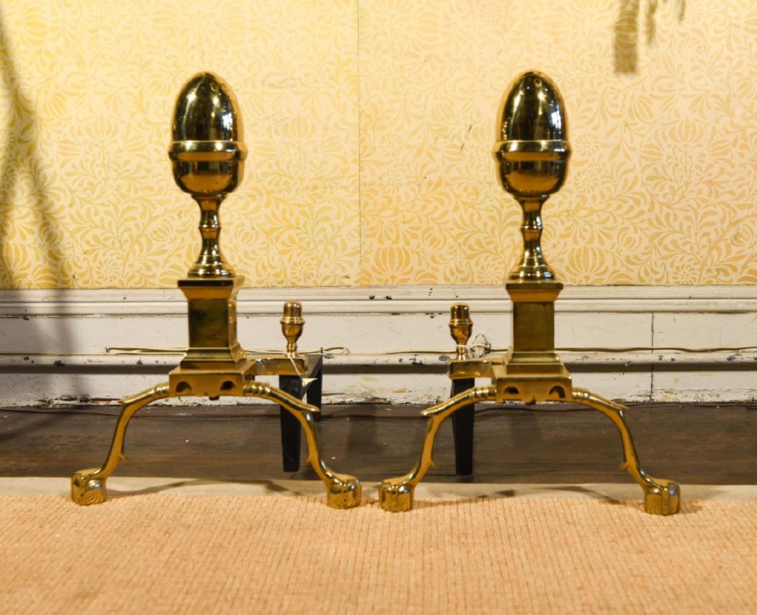 PAIR OF BRASS 18TH C. STYLE ACORN STYLE ANDIRONS (1 of 7)