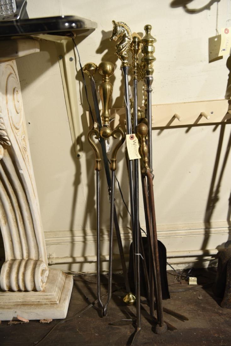 (10) BRASS & STEEL FIREPLACE TOOLS & IMPLEMENTS: Antique and vintage. Dimensions: (Tallest) H 34.5" Condition: Showing signs of age and use.