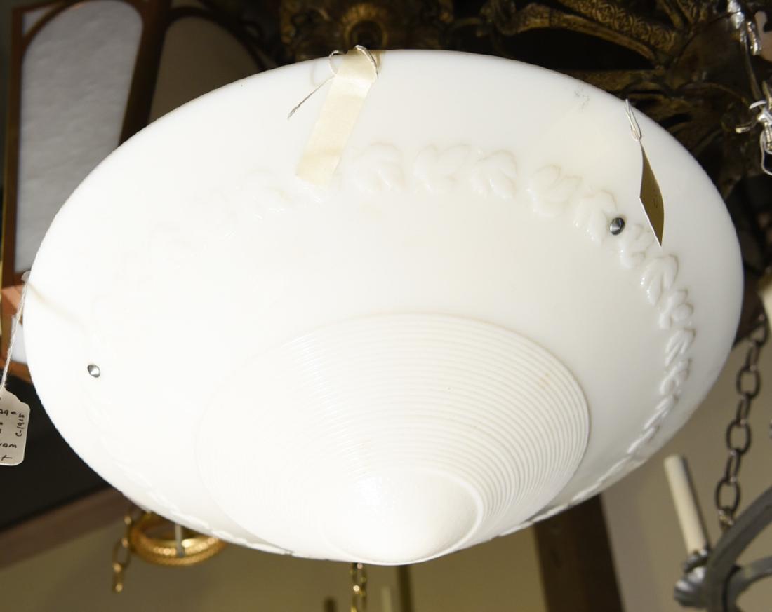 VINTAGE WHITE GLASS HANGING FIXTURE: Bowl with impressed design. Dimensions: H 6" x Dia. 18" Condition: No issues to note.