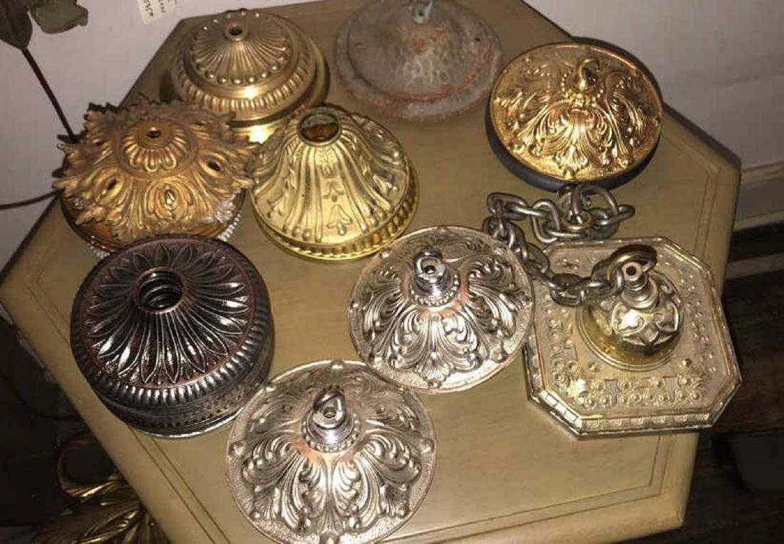 GROUPING OF VINTAGE & CONTEMPORARY CEILING MOUNTS: Varying styles and conditions. Approximately 21. Dimensions: (Square) H 4.5" x W 6" x D 6" Condition: Varies from unused to corroded.