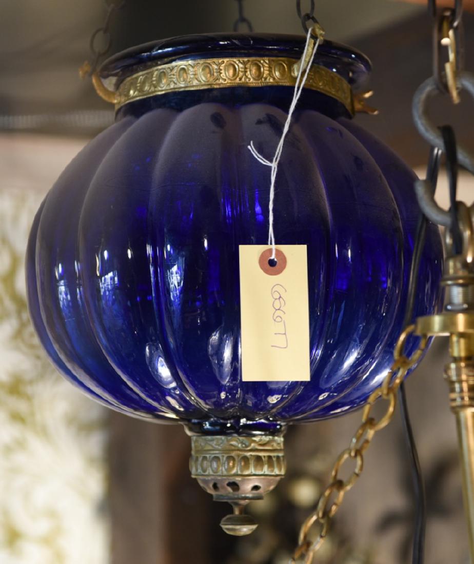C. 1920S BLUE GLASS & BRONZE DROP FIXTURE (1 of 4)