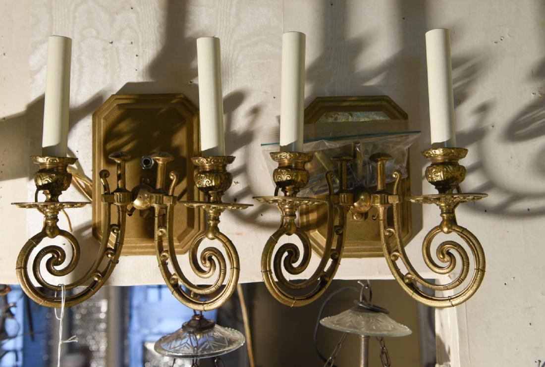PAIR ORNATE BRASS FINISH TWO-LIGHT CANDLE SCONCES (1 of 6)