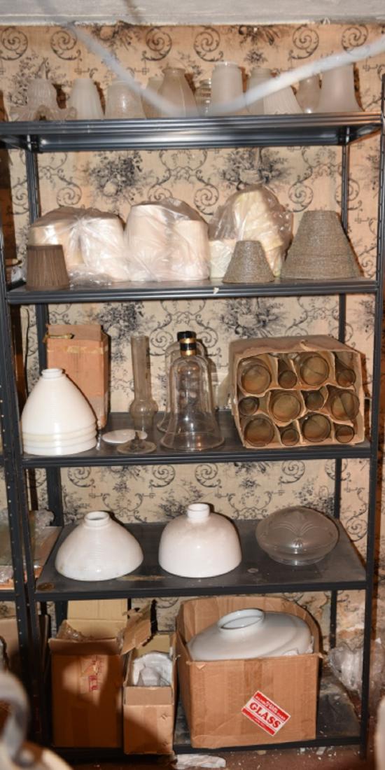 GROUPING OF GLASS SHADES: Including hurricane and flush mount shades. Dimensions: (Large white shade) H 9.5" x W 16.5" Condition: Good condition.