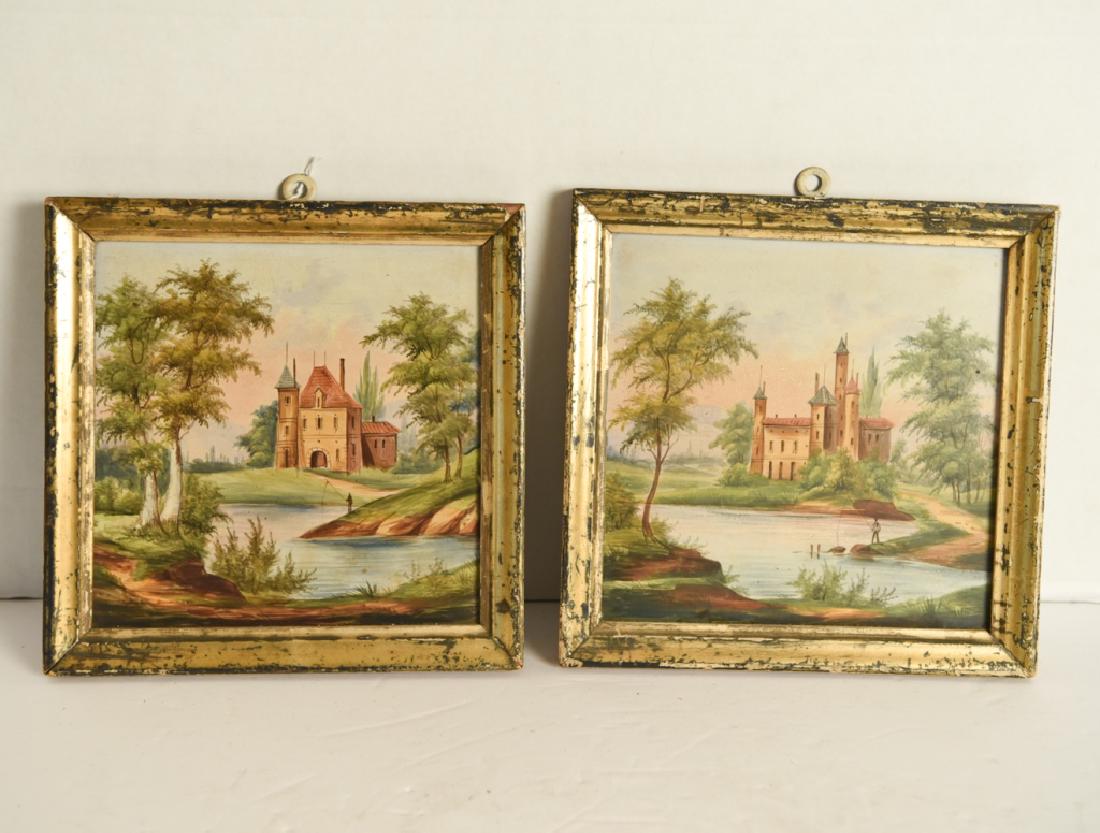 PAIR OF 19TH C. PAINTED TILES: Montereau, L & G II, Creil. Two similar view of castles. In 19th century frames. Possibly initialed verso. Dimensions: (Frame) H 9.25" x W 9.25", (Tile) H 8" x W 8" Condition: Tiles good, some edge lo