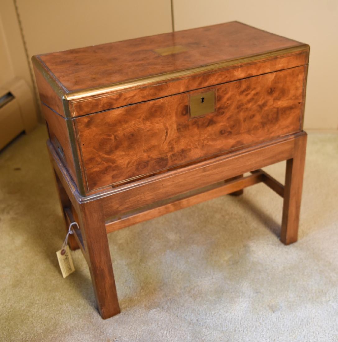 19TH C. ENGLISH BURL WOOD LAP DESK: Key included. Dimensions: (With stand) H 19.5" x W 20.25" x D 11" Condition: Interior desk panel separated. Some lifting to ormolu brass wire.