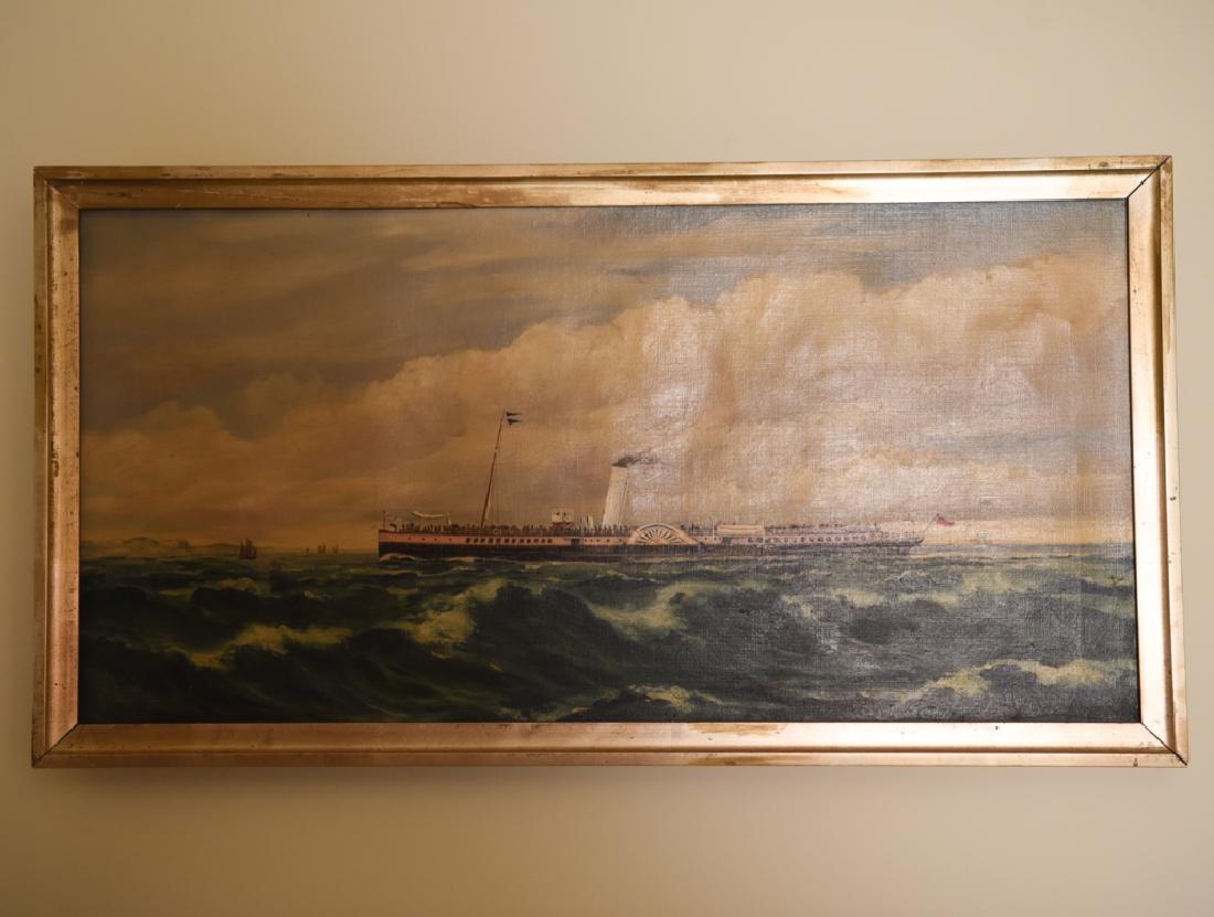 19TH C. STEAM SHIP PAINTING: Steam ship with British flag, people on deck. On Windsor & Newton canvas. Mid 19th century. Signature lower left corner. Framed with liner only. Dimensions: (Frame) H 13.5" x W 25.5", (Canvas) H 12" x