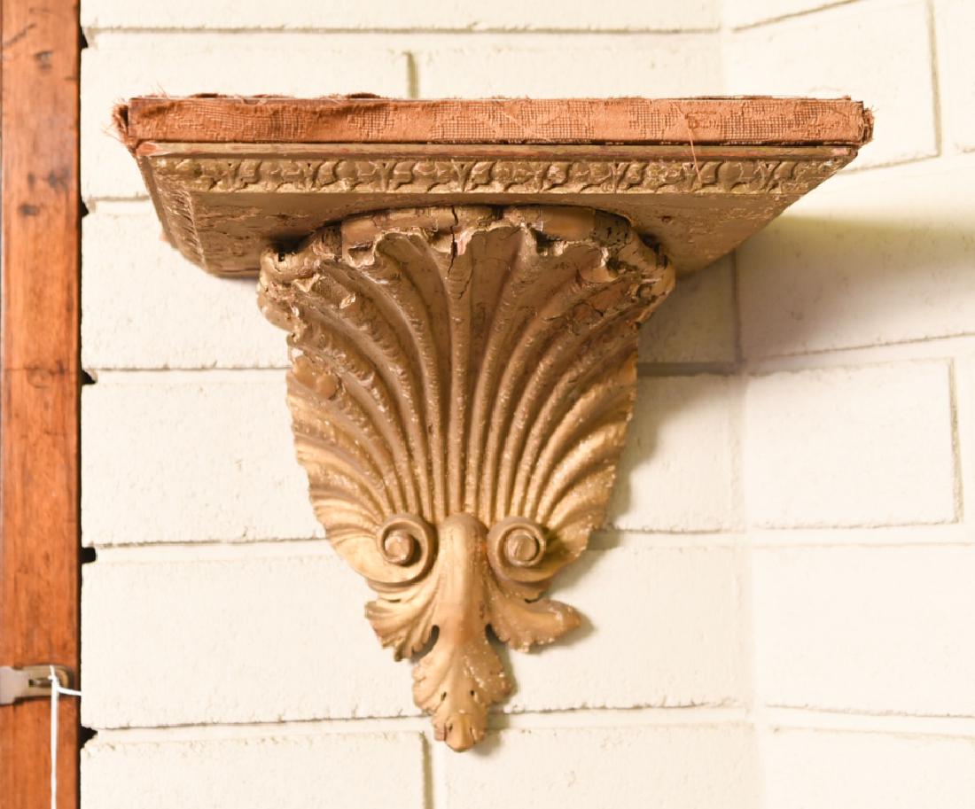 PAIR ANTIQUE GILT DECORATED WALL BRACKET SHELVES: Dimensions: H 12.5" x W 13.5" x D 10.75" Condition: Tattered fabric. Chips. Loss to gilding.