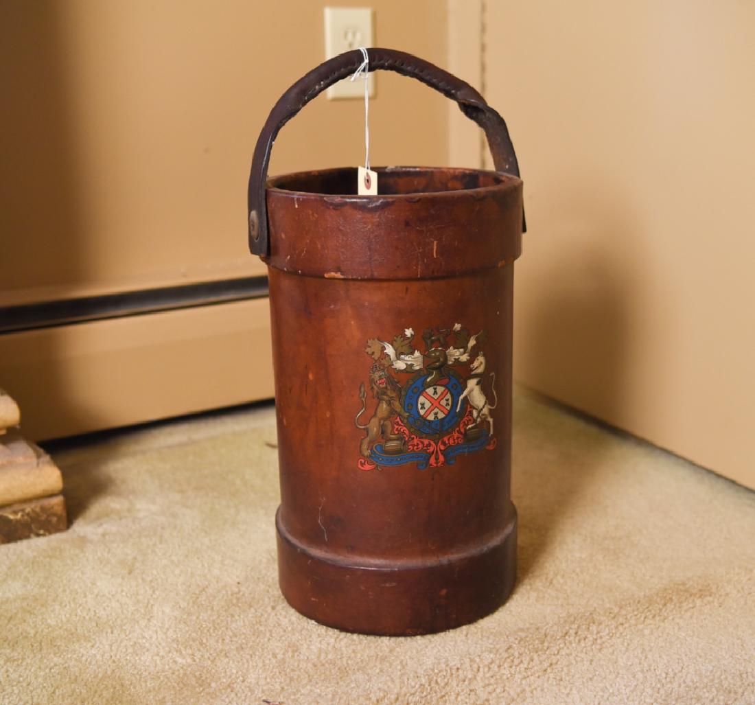 ENGLISH LEATHER UMBRELLA STAND BUCKET: Dimensions: H 14" x Dia. 8.5" Condition: Wear to leather consistent with age and use.