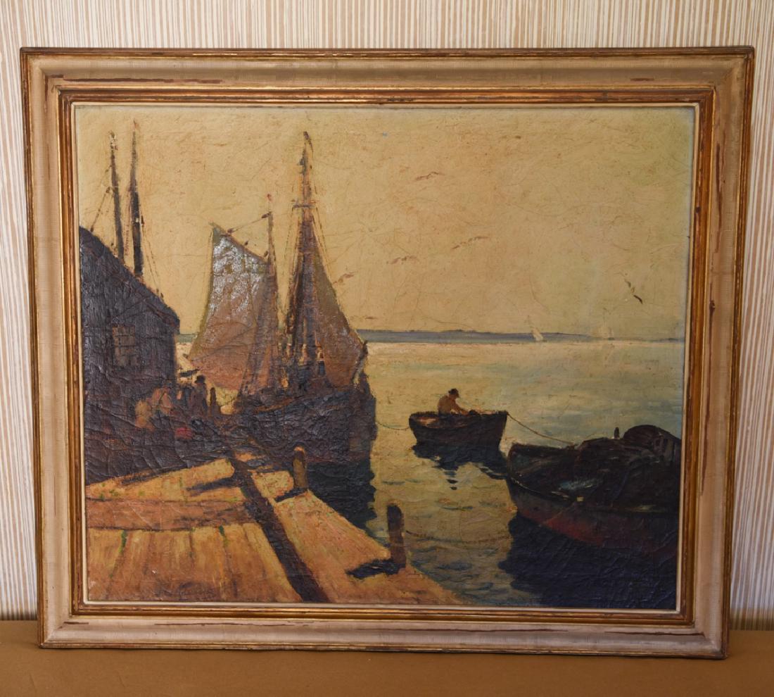 ANTHONY THIEME (1888-1954): Oil on canvas. Dock scene. Scratch signed lower left. Numbered 380 and titled back of canvas. Dimensions: (Frame) H 36.5" x W 42.5", (Canvas) H 30" x W 36" Condition: Dirty surface. Beginning of crazi