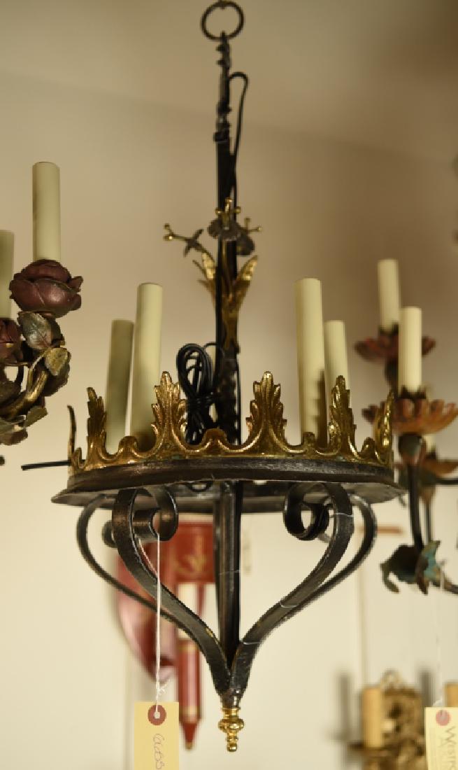 ECCLESIASTIC STYLE CHANDELIER: Multi colored metal. 5-light. Dimensions: H 27" x Dia. 13" Condition: Some rubs and small losses to paint finish.
