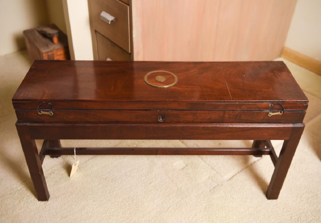 ANTIQUE ENGLISH RIFLE BOX ON STAND: Dimensions: (On stand) H 16.5" x W 32.5" x D 9.5" Condition: Some stress cracks and small losses. Missing brass escutcheon. Breaks and soiling to interior compartments and lining.