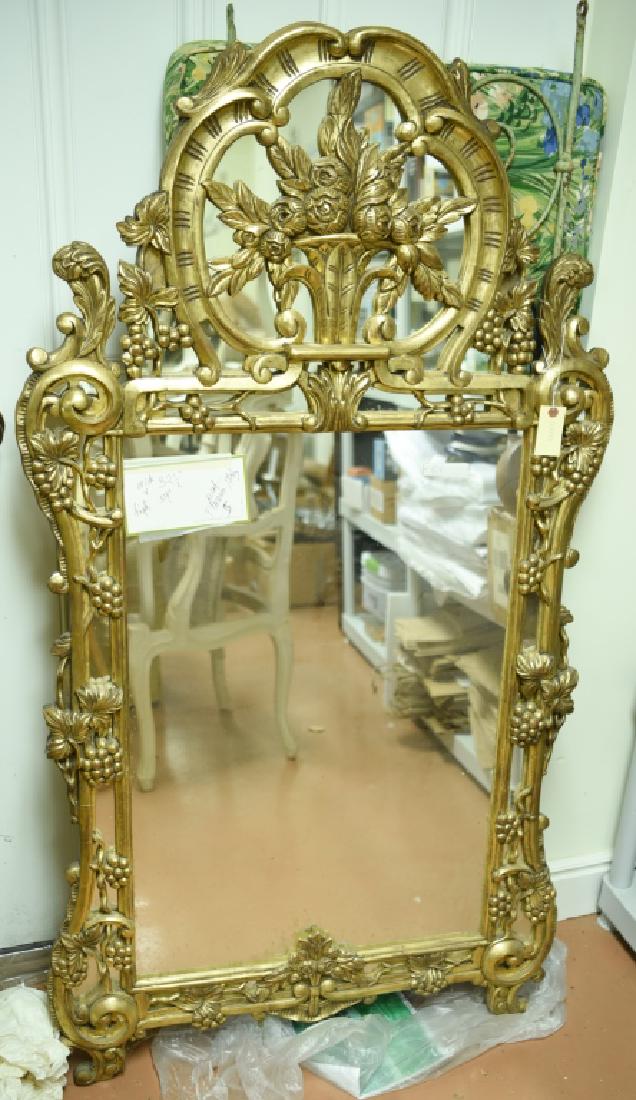 VINTAGE 18TH C. STYLE CARVED & GILDED MIRROR: Dimensions: H 58.5" x W 32" Condition: Few small surface losses.