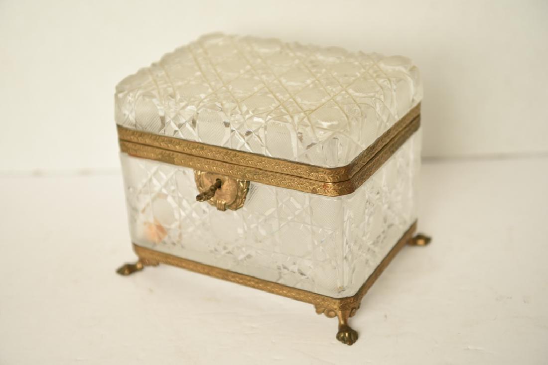 LARGE ANTIQUE FRENCH CRYSTAL & ORMOLU CASKET BOX: Dimensions: H 6.25" x W 8" x D 6" Condition: Crystal lid is detached from brass frame. Some surface tarnish.