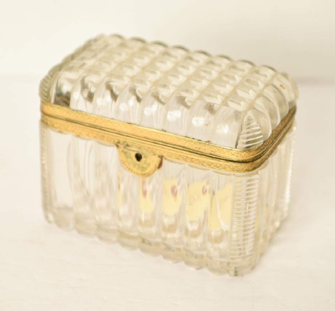 ANTIQUE FRENCH CRYSTAL & ORMOLU DRESSER BOX: Dimensions: H 4" x W 5.5" x D 3.5" Condition: Some areas of surface tarnish to ormolu. Small corner chips at crystal base.