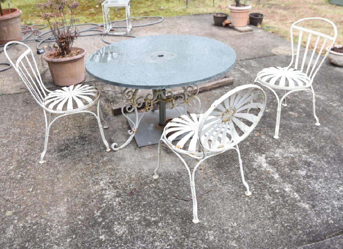 (3) ART DECO FRANCOIS CARRE FRENCH SUNBURST CHAIRS: Dimensions: H 31" x W 16" x D 19" x SH 16" Condition: Wear consistent with outdoor exposure.