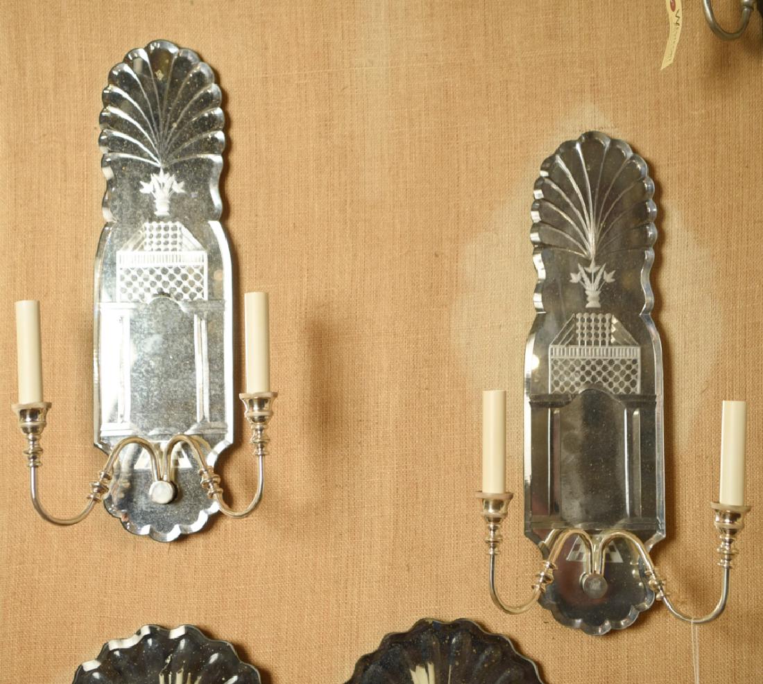 CONTEMPORARY VENETIAN STYLE MIRROR BACK SCONCES: Dimensions: H 20.5" x W 10.25" x D 6" Condition: Very light signs of foxing to mirror backs.
