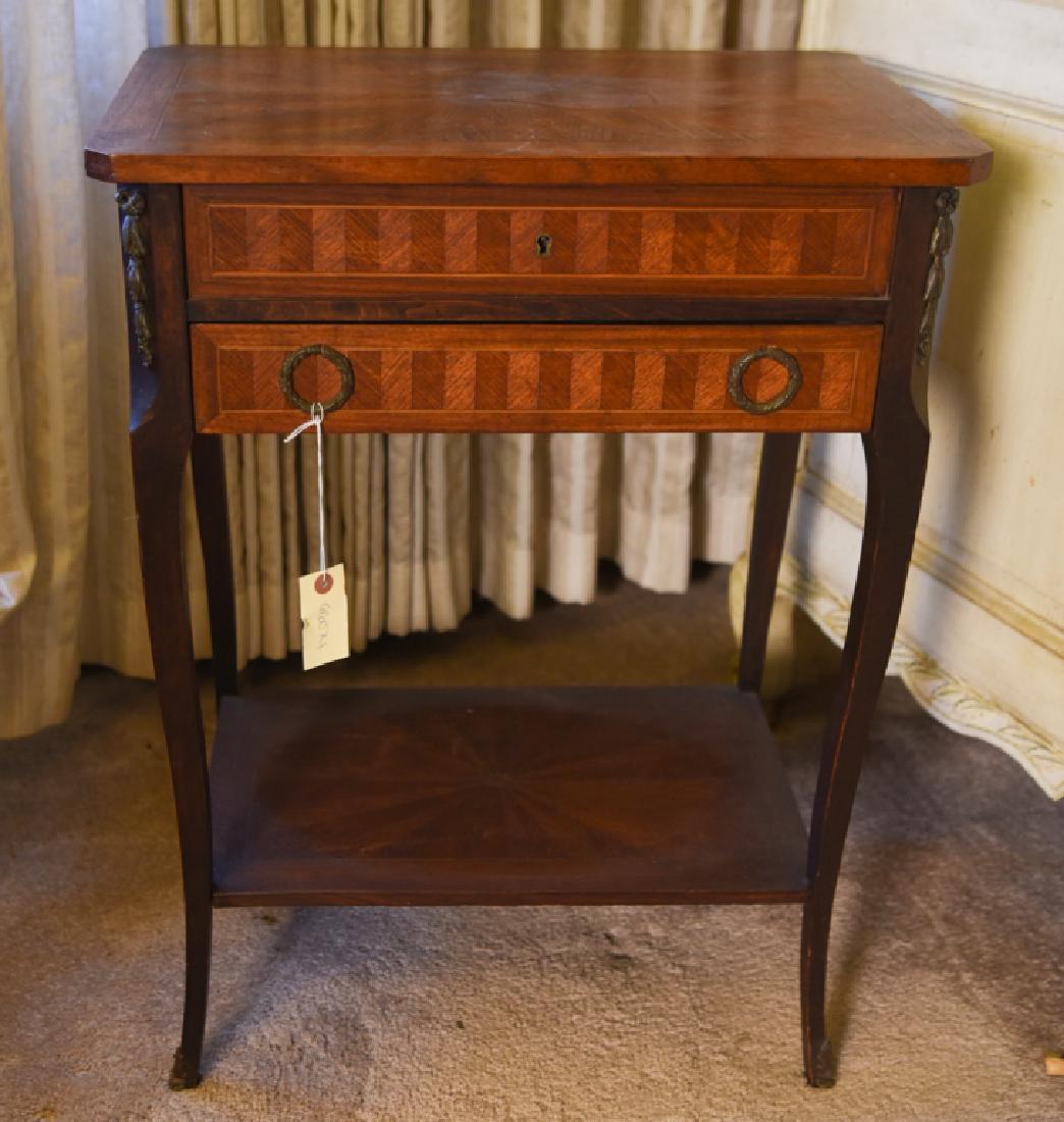 FRENCH SIDE TABLE: Dimensions: H 28.75" x W 21.75" x D 14.5" Condition: Some surface tarnish to ormolu mounts. Small area of inlay on left side lifting. Some dings and small losses to edges of feet.