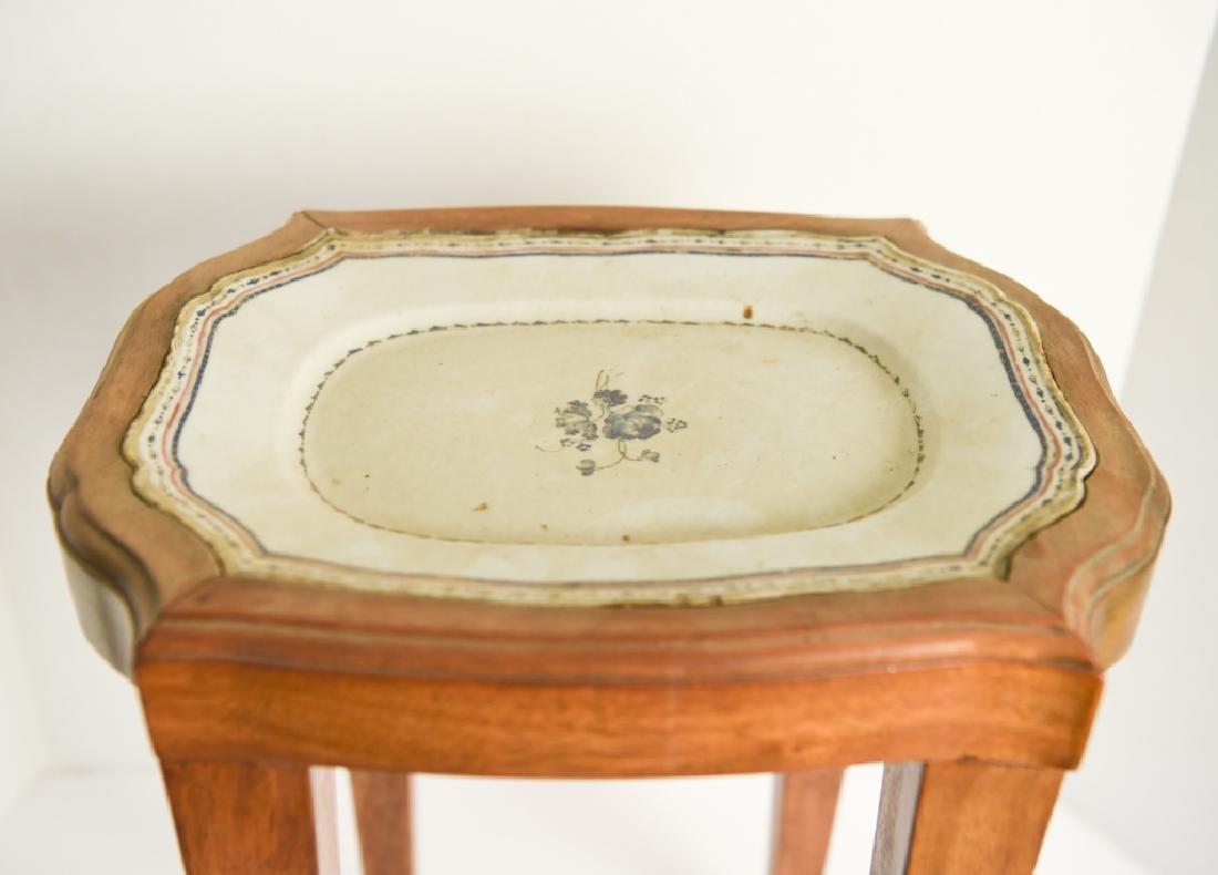 CHINESE EXPORT PORCELAIN PLATE INSET IN TABLE: Dimensions: H 18" x W 13.5" x D 10.25" Condition: Some chips to edges of plate. Nicks, dings, and light wear to table.