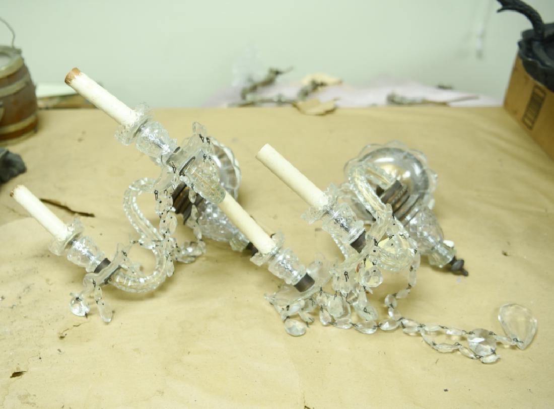 PAIR OF EARLY 20TH C. VENETIAN GLASS 2-ARM SCONCES: Dimensions: H 13" x W 8" x D 11" Condition: Unrestored. With wall paint and distressed metal surface. Possibly missing crystals.