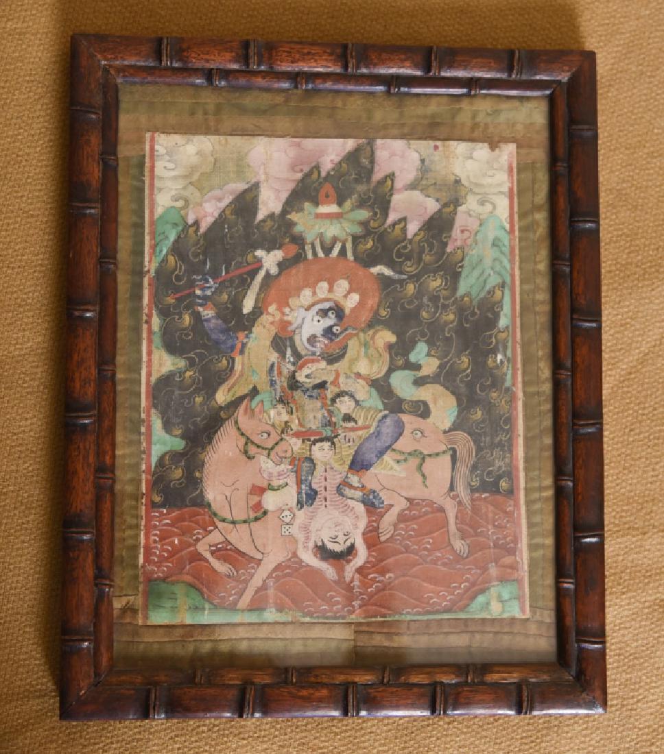 EARLY 20TH C. TIBETAN BUDDHIST PAINTING: Pigment on cloth. Possibly fragment of a larger piece. Mounted with fabric. Dimensions: (Frame) H 12.5" x W 9.75", (Sight) H 9" x W 7" Condition: Age wear as expected.
