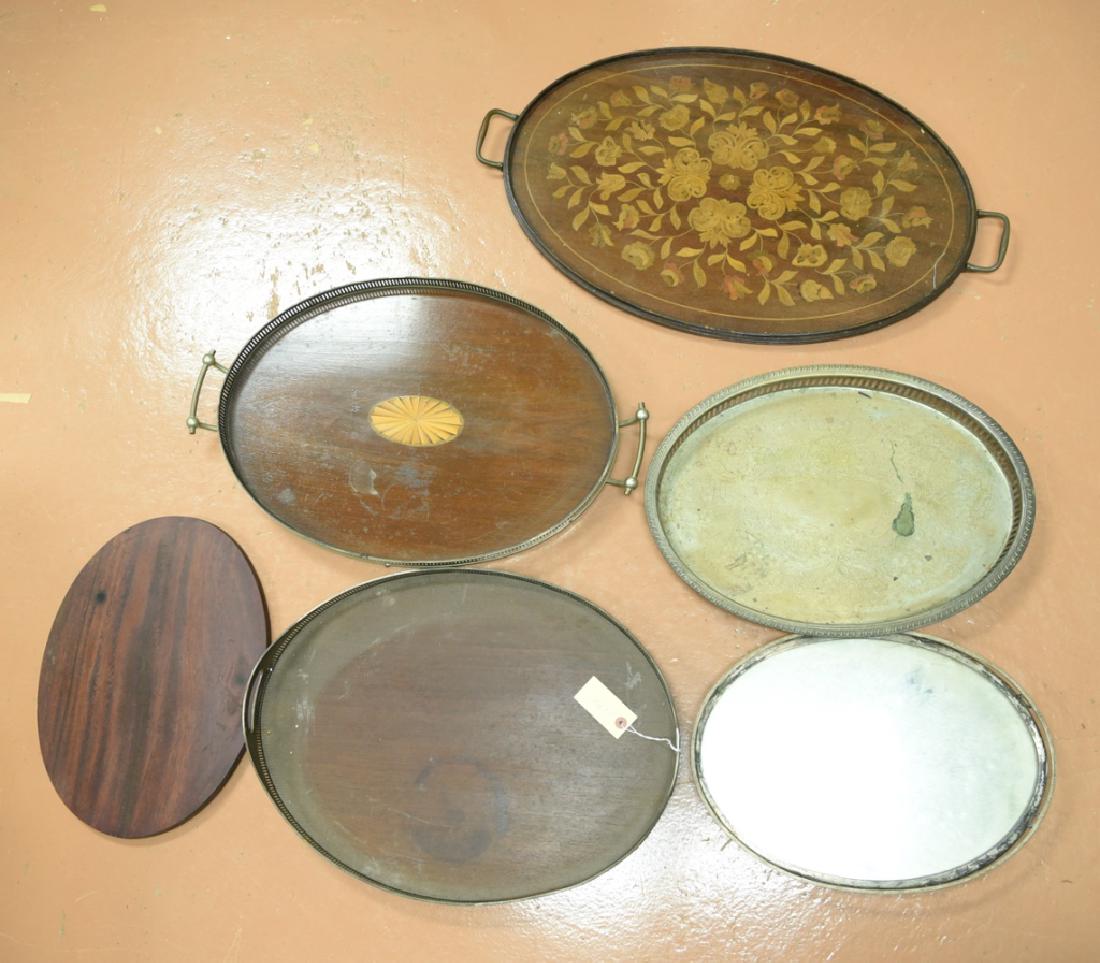 GROUPING OF ANTIQUE TRAYS: Including mirrored silver plate trays, wooden trays with galleries, etc. Approximately 6 trays. Condition: Varying stages of disrepair. As found.