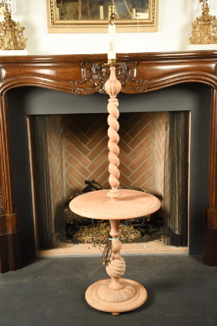 CONTEMPORARY BARLEY TWIST LAMP TABLE: Dimensions: H 62.5" x Dia. 19" Condition: Some scuffs, scratches, and marks to wood.