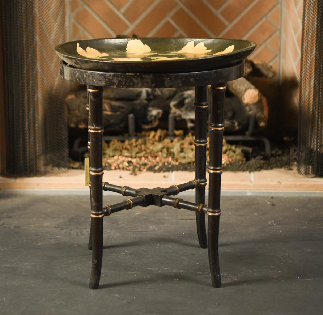 CONTEMPORARY TRAY TABLE: Dimensions: H 20.25" x D 17.5" Condition: Showing finish wear consistent with age and use.