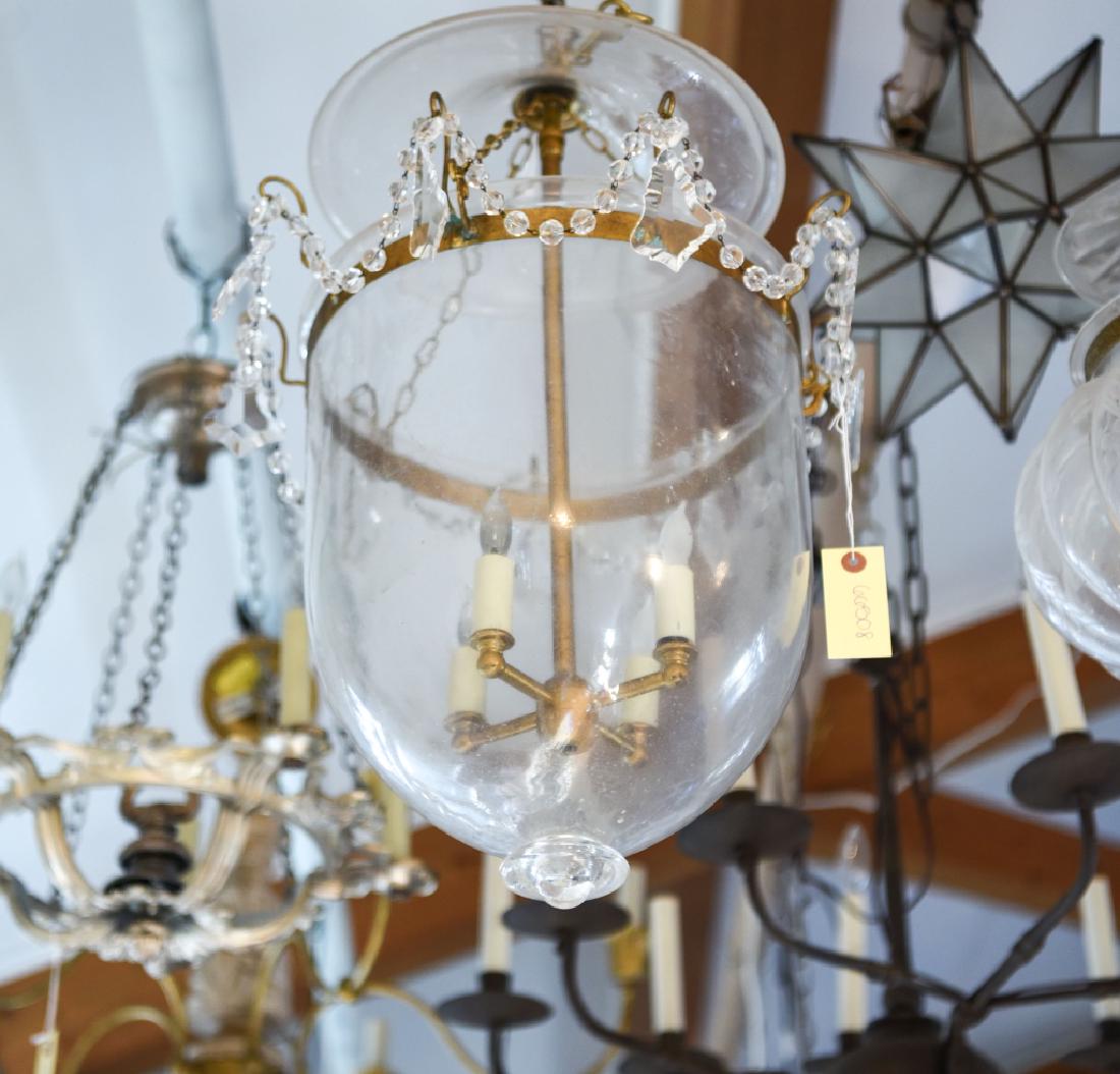 LARGE BELL GLASS DROP FIXTURE: Four-light. Dimensions: H 21" x Dia. 15" Condition: Looks complete. Surface dirty.