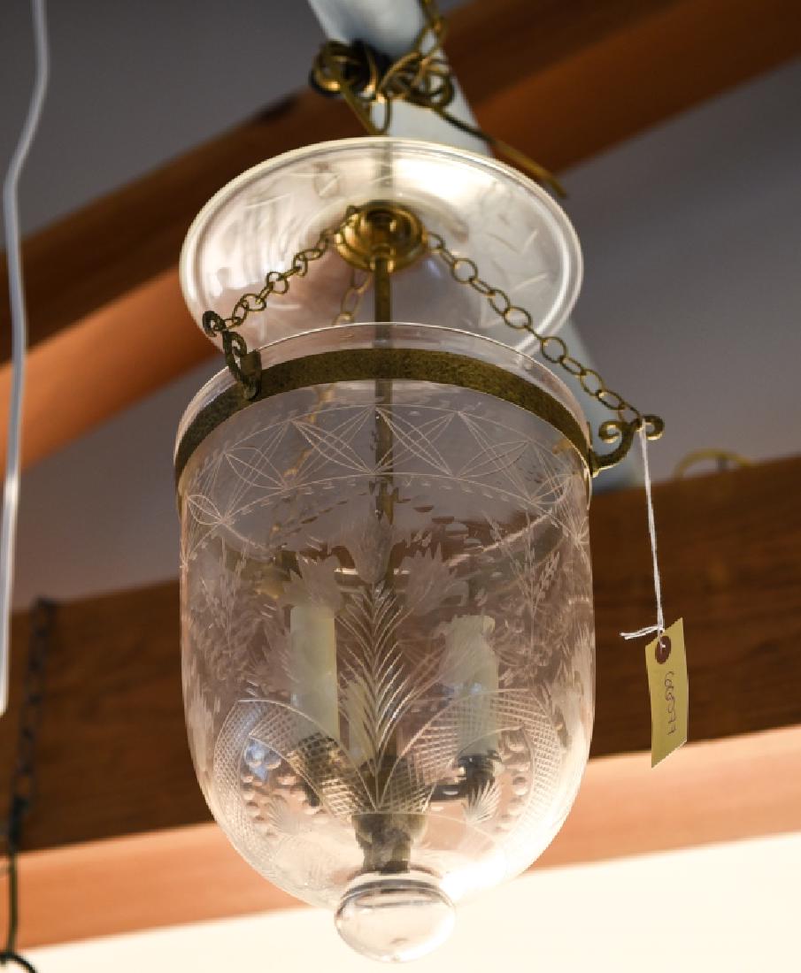 GLASS BELL DROP FIXTURE W/ CUT PATTERN: Dimensions: H 19" x Dia. 8" Condition: Some surface dirt.