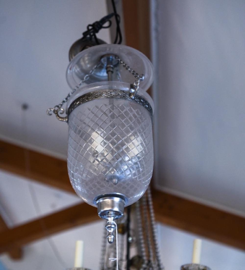 SMALL BELL GLASS DROP FIXTURE: With geometric cut glass. Dimensions: H 16" x Dia. 9" Condition: Some surface dirt to glass.
