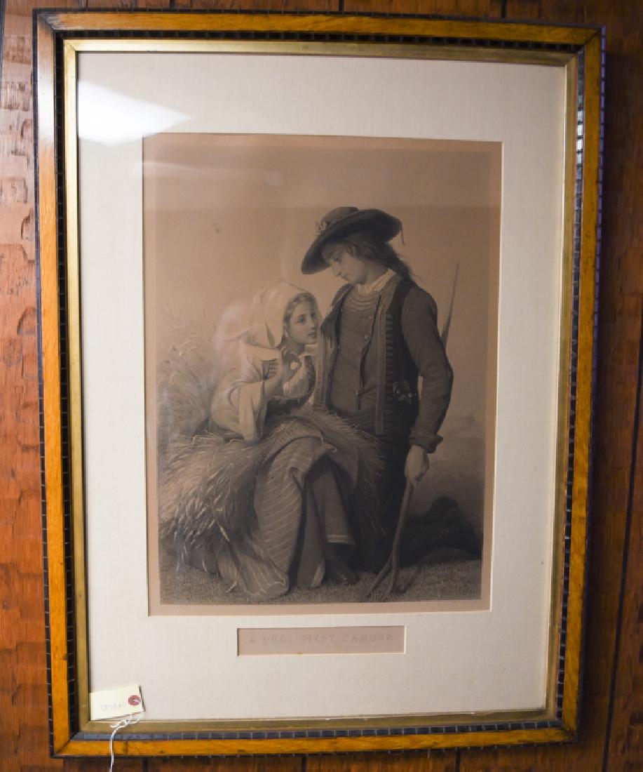 LARGE 19TH C. FRENCH ENGRAVING: In period ebonized, blonde wood, and gilt frame. Dimensions: (Frame) H 35" x W 26.5", (Sight) H 22.25" x W 16.5" Condition: Uneven toning.