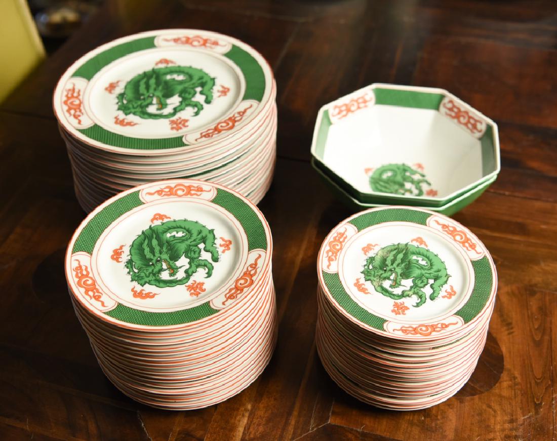 FITZ & FLOYD ASIAN STYLE PORCELAIN SERVICE: (50) pieces. Dimensions: (Dinner plate) Dia. 10.25" Condition: Showing very light wear.